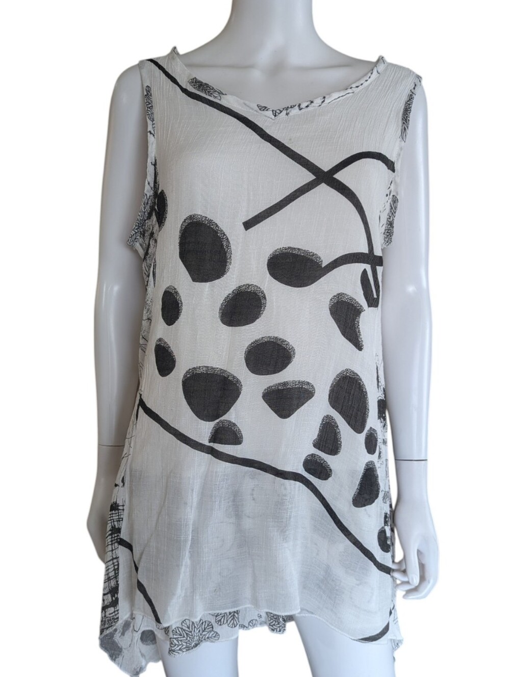 Sleeveless White Tunic Top with Black Abstract Print